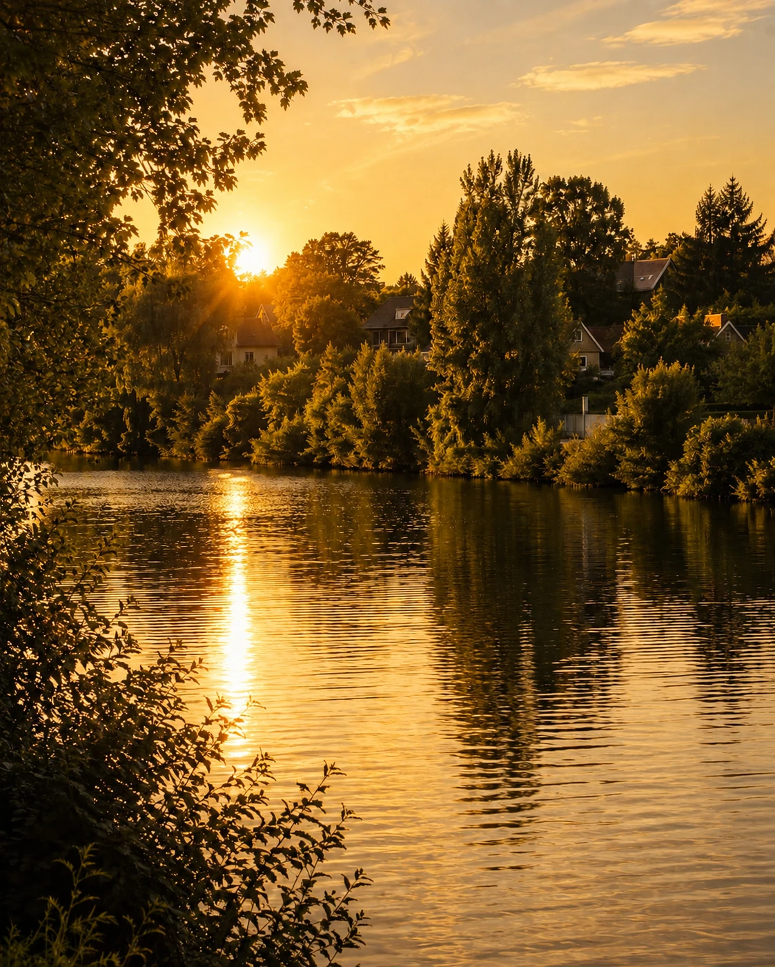 Coucher de soleil et reflets dorés sur la Seine devant une rive résidentielle arborée